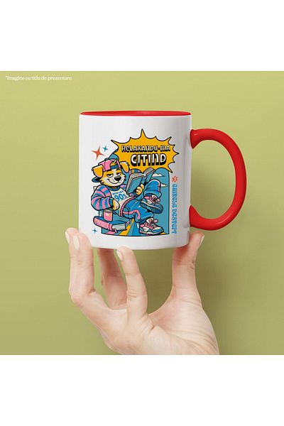 StoryGift Romania Dog Mug Street Style Colorful Cheerful With Book Funny Hobby Text In Roma Language, With Red Handle