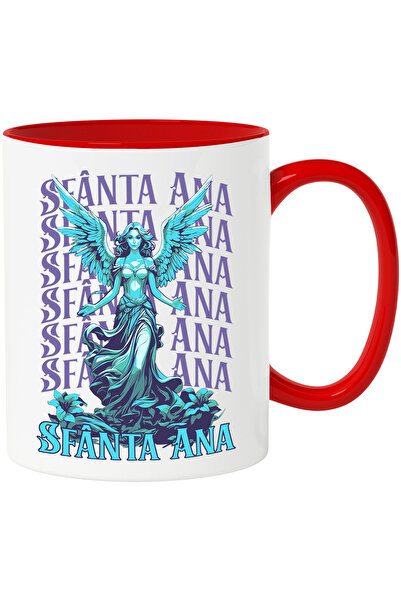 StoryGift Romania Cana Femei Inger Zi Onomastica Sfanta Ana Eleganta si sarbatoare, 330ml, Ceramic, Cu Maner Rosu