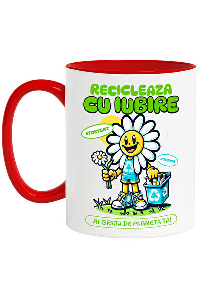StoryGift Romania Cana cu Floare Margareta Reciclare sticle Goale Text Recicleaza Cu Iubire Ai Gri, Cu Maner Rosu