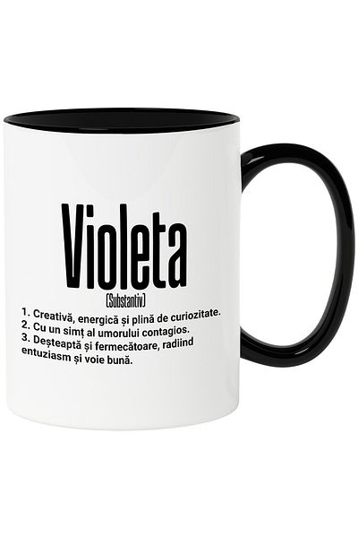 StoryGift Romania Cana Cu Numele Violeta, si Mesaj Motivational, Creativa, Desteapta, Curioasa, Am, Cu Maner Negru