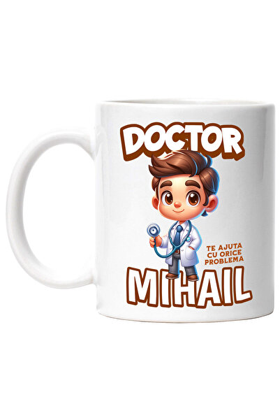 StoryGift Romania Cana cu Barbat Cu Halat Super Erou Doctor Text Mihail Te Ajut Cu Orice Sanatate , Cu Maner Alb