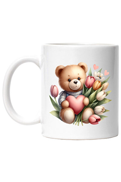 StoryGift Romania Cana cu un ursulet de plus care tine o inima in brate | ilustratie | lalele de d, Cu Maner Alb