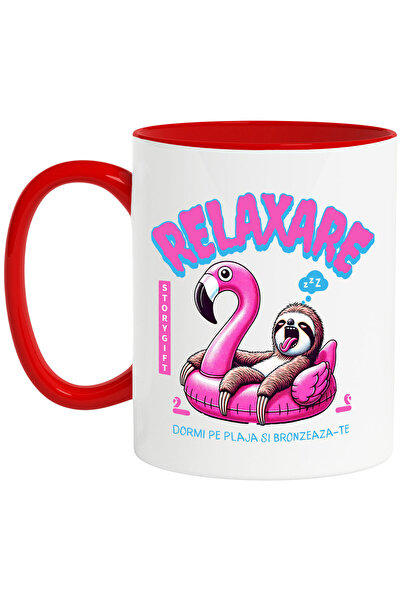 StoryGift Romania Cana cu Animal Lenes Pe Colac Pasare Flamingo, Text Relaxare Dormi Pe Plaja Eu B, Cu Maner Rosu
