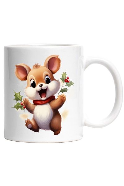 StoryGift Romania Cana cu un animalut vesel | ilustratie | natura | vasc | fular | iarna | frig | , Cu Maner Alb