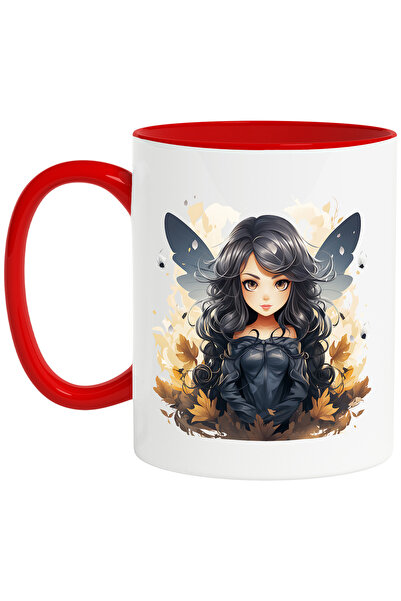 StoryGift Romania Cana cu o fata draguta, ilustratie, aripi negre, rochie neagra, frunze care cad,, Cu Maner Rosu