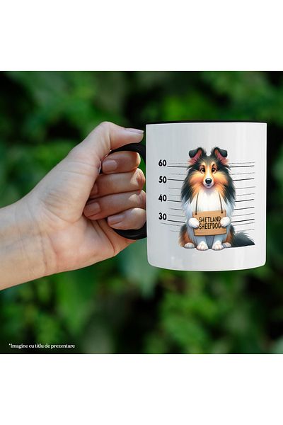 StoryGift Romania Cana cu Shetland Sheepdog (ciobanesc de Shetland), caine, animal de companie, il, Cu Maner Negru