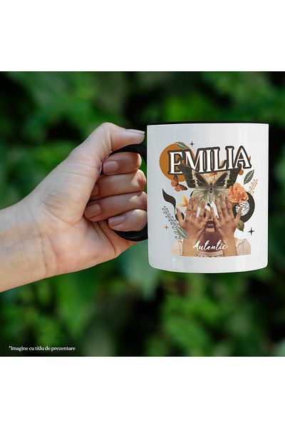 StoryGift Romania Mug With Name Emilia, Girl Collage, Butterfly, Flowers, Circle, 330ml, Ceramic With Handles, With ,stg