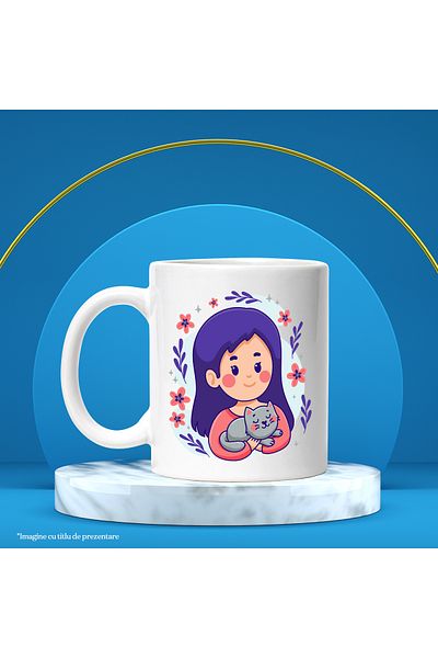 StoryGift Romania Cat Mug, Girl, Flowers, Stars, Leaves, Sweatshirt, Animal Lovers, Multicolor, With White Handle
