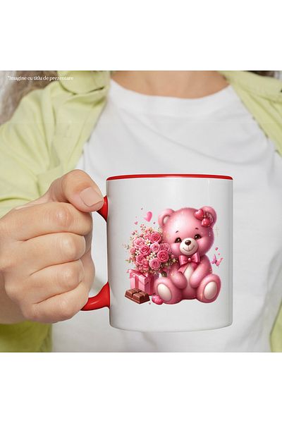 StoryGift Romania Mug with a teddy bear that has a bouquet of roses next to it | chocolate, With ,STG.