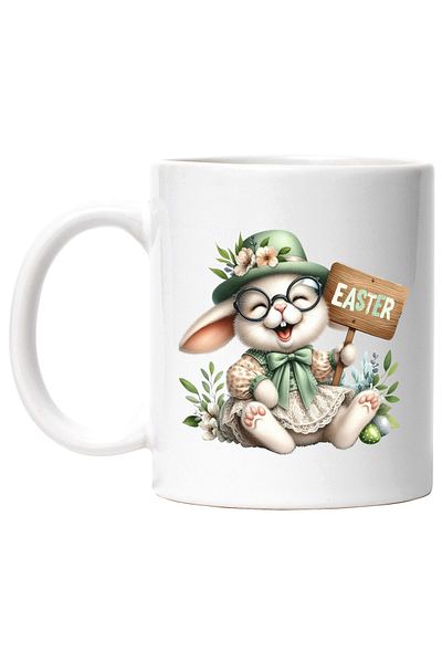 StoryGift Romania Cana cu o iepuroaica in rochita, ilustratie, Paste, plante, floricele, palarie, , Cu Maner Alb