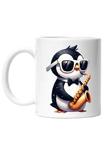 StoryGift Romania Cana cu un pinguin care canta la saxofon, ilustratie, ochel...