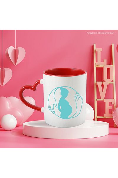 StoryGift Romania Cana cu Femeie Insarcinata, Cuprinsa de Doua Maini, Mama, Mama si Copilul in Pan, Cu Maner Inim STG