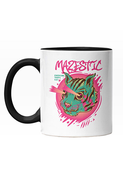 StoryGift Romania Cana Cu Craniu Schelete Motan Pisica Monstru Cu Ochii Laser, Text In Engleza maj, Cu Maner Negru