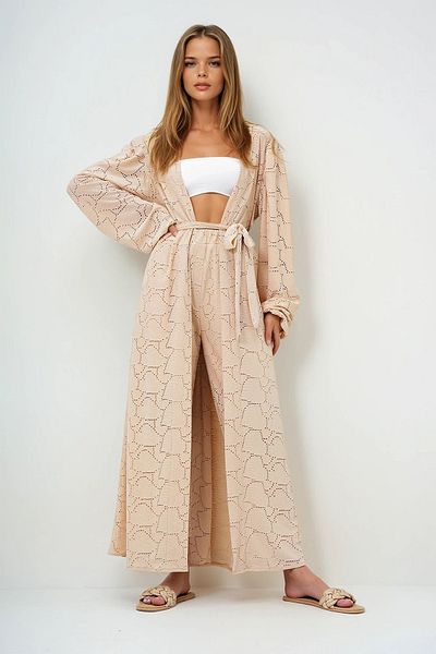 VAGGON Set kimono cu pantaloni lungi ajurat, bej, auto-texturat, pentru femei Prmx11710
