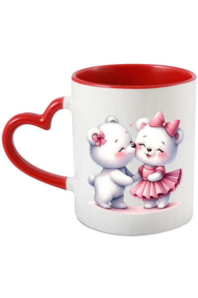 StoryGift Romania Cana cu 2 ursuleti polari apropiati | ilustratie | imbujorati | funda | rochita , Cu Maner Inim