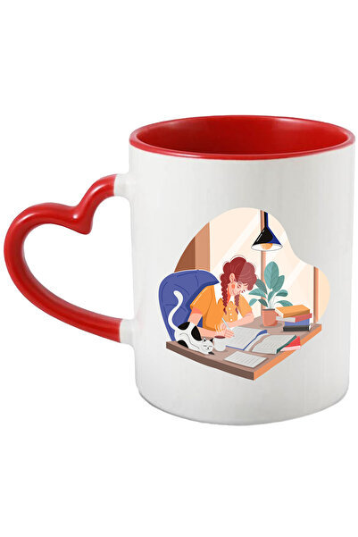 StoryGift Romania Cana Cu Cafea, Pisica, Lampa, Birou, Carti, Multicolor 330 ml, Ceramica cu Maner, Cu Maner Inim