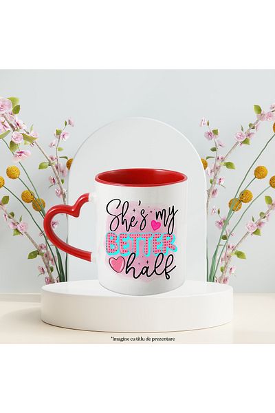 StoryGift Romania Cana cu mesajul "She's my better half", ea e jumatatea mea mai buna, inimioare, , Cu Maner Inim STG