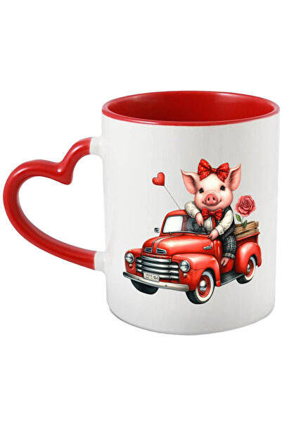 StoryGift Romania Cana cu un porcusor in masina, ilustratie, trandafir, funda, costum, papion, ini, Cu Maner Inim