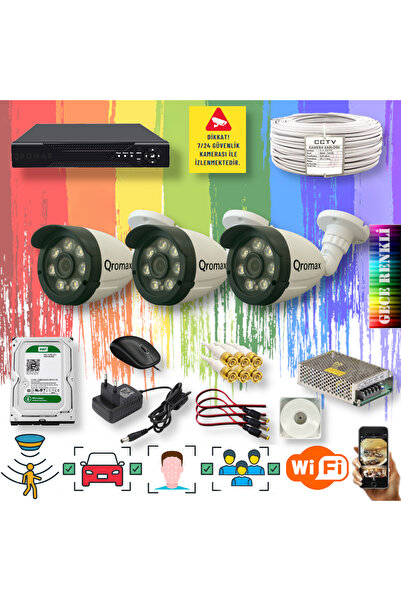 qromax 3 Kameralı Yapay Zeka Özellikli Gece Renkli 8 Warm Ledli TurboHD Güvenlik Kamerası Seti 3908W-104