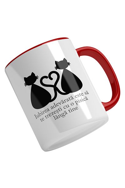 StoryGift Romania Mug with Black Cats with Heart-Shaped Tails, Text True Love Is to You, with Red Handle
