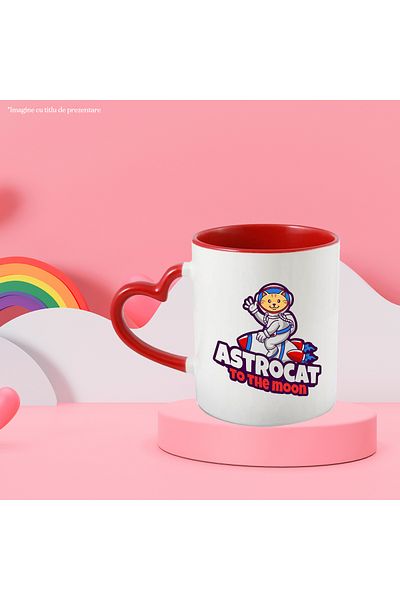 StoryGift Romania Cana Cu Mesaj In Engleza Astrocat To The Moon, Astronaut, Pisica, Multicolor 330, Cu Maner Inim STG