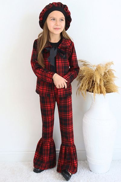 Parla Kids Girl's Red Lisbon Jacquard Plaid Jacket Trousers Cap Bottom Top Christmas Set
