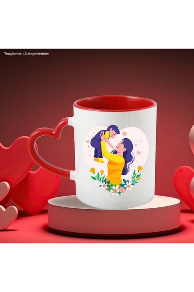 StoryGift Romania Cana Cu Inimi, Mama, Copil, Flori, Sosete, Multicolor 330 ml, Ceramica cu Maner , Cu Maner Inim STG