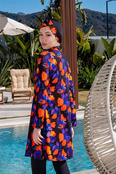 Mayom Lycra Floral Patterned Hijab Swimsuit with Quick Drying Tights 2516