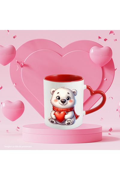 StoryGift Romania Cana cu un urs polar care tine o inima in brate | ilustratie | fular | imbujorat, Cu Maner Inim