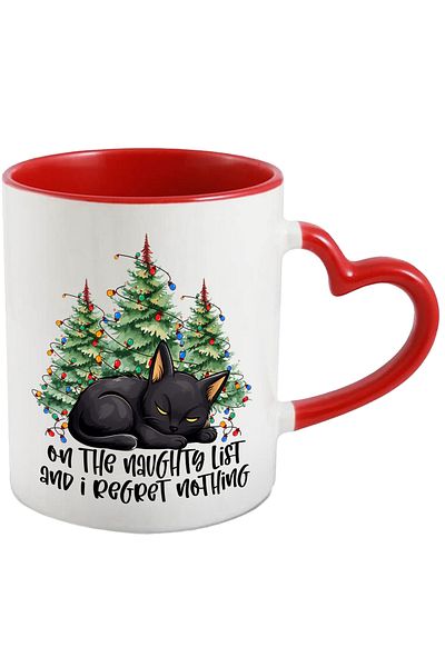 StoryGift Romania Mug with sleeping black kitten with the message "On the naughty list and I regret not, With ,STG
