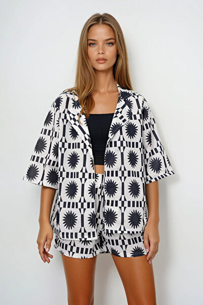 VAGGON Women's Black Jacket Collar Patterned Shirt and Double Pocket Shorts Set Prmx14131