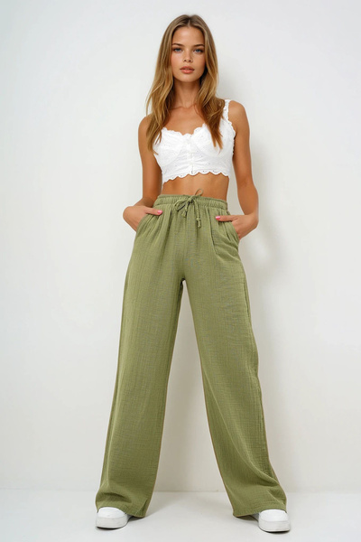 VAGGON Women's Khaki Double Pocket Elastic Waist Muslin Linen Trousers Prmx13992