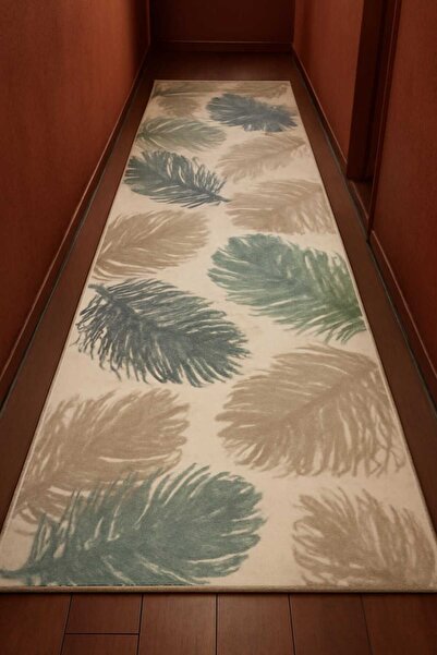 Crea Halı 100x200 Ölçülerinde Modern Vizon Yeşil Yaprak Desenlik Akrilik Yolluk