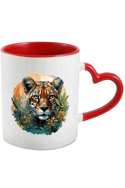 StoryGift Romania Mug With Tiger, Foliage, Leaves, Exotic, Tropical, Animal, Multicolor 330 ml, Wax, With Heart Handle