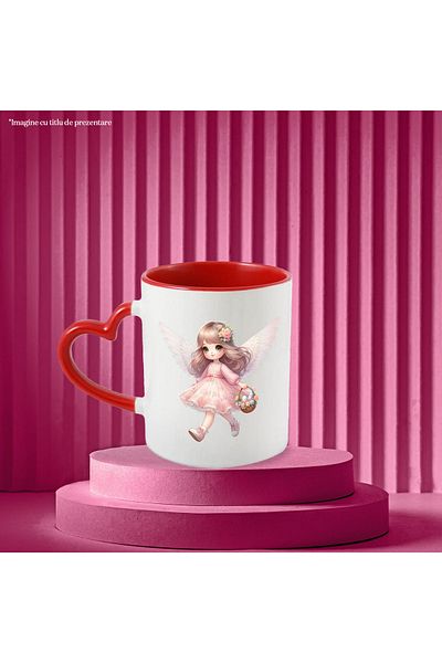 StoryGift Romania Mug with a little girl with angel wings, illustration, flowers in her hair, dress, basket with, With, STG.