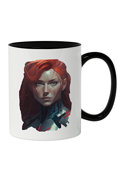 StoryGift Romania Cana Cu Portret Fata Razboinica Cu Par Roscat Ginger, Armura DE Fier, Super Wome, Cu Maner Negru