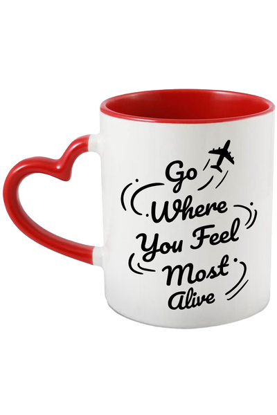 StoryGift Romania Cana Cu Mesaj In Engleza Go Where You Feel Most Alive, Avion, Calatorie, Plecare, Cu Maner Inim