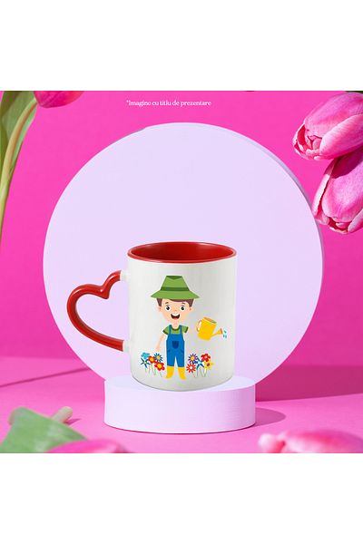 StoryGift Romania Cana Cu Gradinar, Flori, Stropitoare, Cizme, Palarie, Apa, Salopeta, Multicolor , Cu Maner Inim STG