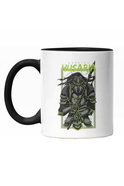 StoryGift Romania Cana Cu Silueta Om Razboinic In Tinuta Ninja, Text In Engleza Verde Neon Husaria, Cu Maner Negru