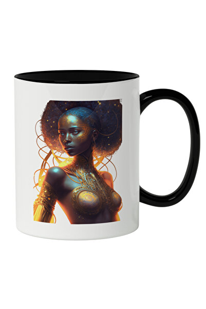 StoryGift Romania Cana Cu Portret Femeie Cu Par Cret Cu Tinuta Stil Aur, Lumi...