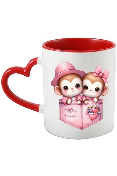 StoryGift Romania Mug with 2 monkeys sitting in pockets, illustration, colored pencils, hat,, With ,STG
