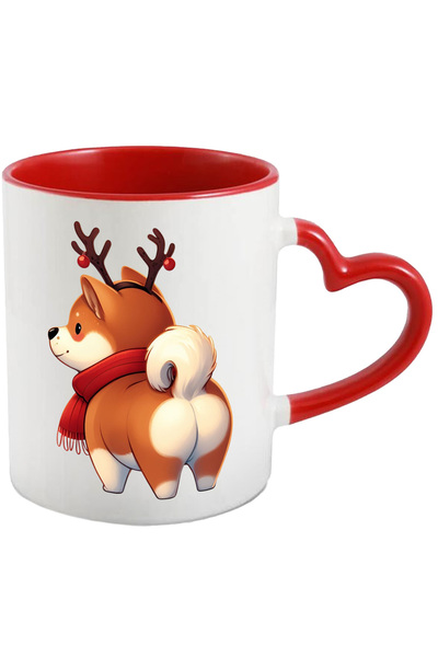 StoryGift Romania Cana cu un catel Akita Inu care are coarne de ren | ilustratie | animal de compa, Cu Maner Inim