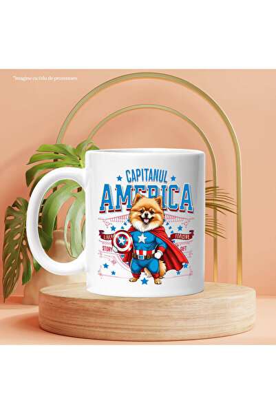 StoryGift Romania Mug with Pomeranian Dog in Captain America Costume with Cape, Night Hero,, With White Handle STG