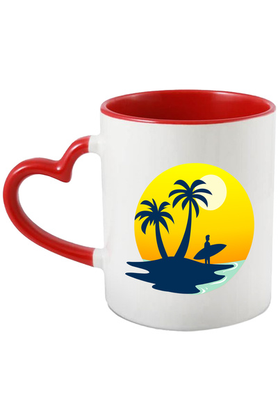 StoryGift Romania Cana Cu Insula, Apus, Surf, Palmieri, Multicolor 330 ml, Ceramica cu Maner Inima, Cu Maner Inim