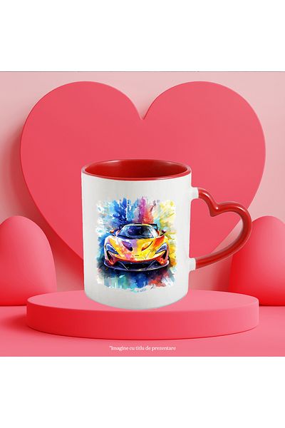 StoryGift Romania Cana Cu Masin Sport, Watercolor, Viteza, Lux, Multicolor 330 ml, Ceramica cu Man, Cu Maner Inim