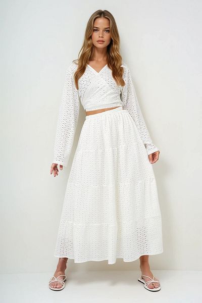 VAGGON Women's White Katkat Flounce Guipure Premium Skirt Prmx14141