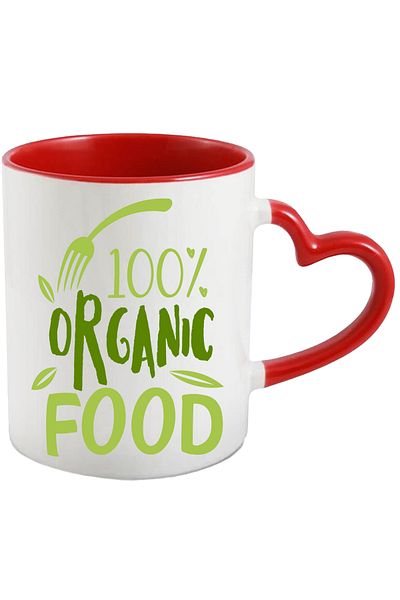 StoryGift Romania Cana Cu Mesaj In Engleza 100% Organic Food, Frunze, Furculita, Mancare, Multicol, Cu Maner Inim