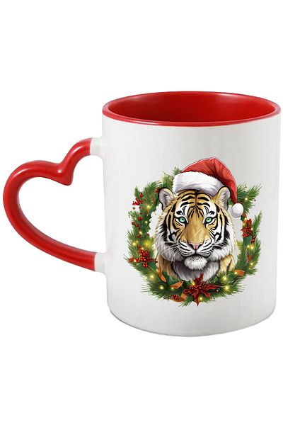 StoryGift Romania Mug with a tiger wearing a Christmas hat, illustration, holiday atmosphere, choir, With Heart Handle