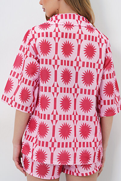 VAGGON Women's Pink Jacket Collar Patterned Shirt and Double Pocket Shorts Set Prmx14131
