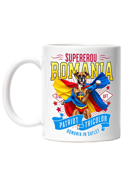 StoryGift Romania Mug with Boxer Dog in Captain Romania Costume with Cape, Night Hero, Thick, with White Handle